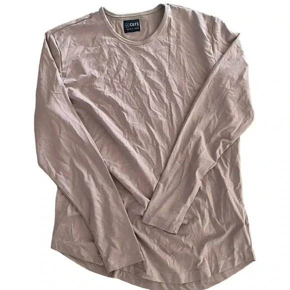 Cuts Curve-Hem Beige Long Sleeve Crew Neck Pullover Shirt XL - Picture 3 of 5